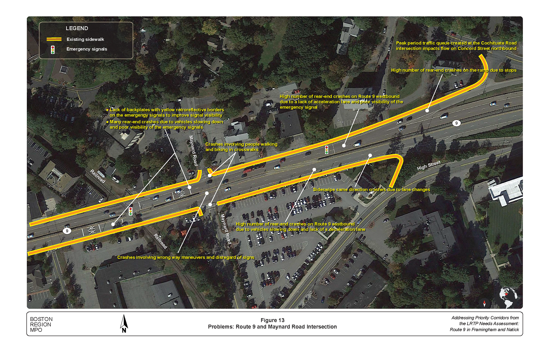 Figure 13 is an aerial photo showing the intersection of Route 9 and Maynard Road and the problems